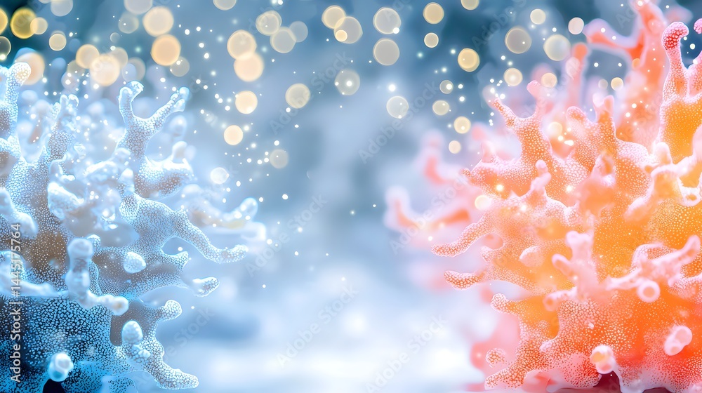 Wall mural abstract representation of viruses in blue and orange with bokeh lights and snowy background