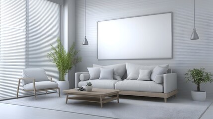 Fototapeta premium Modern Minimalist Living Room Interior Design With White Sofa And Elegant Decorative Elements