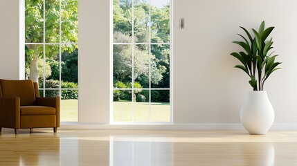 Contemporary Living Room with Large Windows Overlooking Lush Greenery in Bright Interior Space