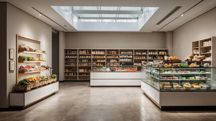 chic and elegant grocery store with neutral beige tones showcasing fruits vegetables and healthy food organized display shelves Premium Store Interior Photography