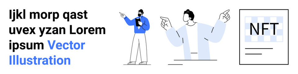 Two individuals pointing and discussing with an NFT poster, emphasizing modern technology and innovation. Ideal for blockchain, digital assets, marketing, teamwork, collaboration, discussion, simple