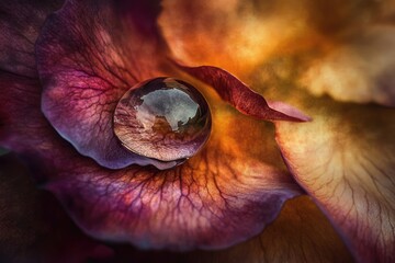 A water droplet rests on a vibrant flower petal, reflecting its rich colors and delicate veins.