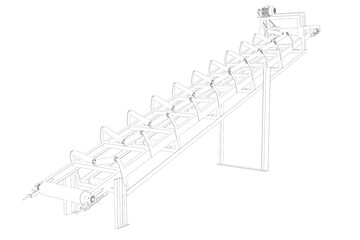 3D Transparent Line Art Technical Outline Drawing White Wireframe Illustration of an Inclined Industrial Belt Conveyor Structure