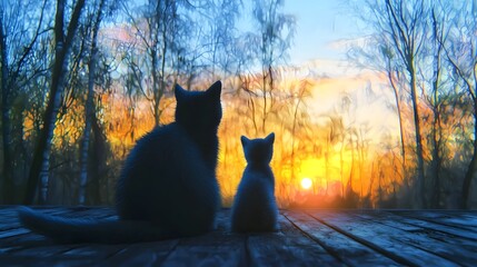 Silhouette of a Cat and Kitten Watching a Stunning Sunset Behind Trees in a Peaceful Outdoor Setting