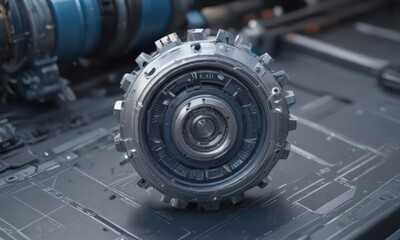 High-res close-up, faded blue print, mechanical design ,  close-up,  vintage,  industrial