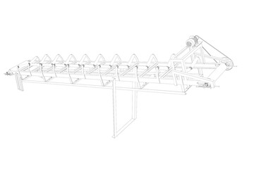 3D Transparent Line Art Technical Outline Drawing White Wireframe Illustration of an Inclined Industrial Belt Conveyor Structure