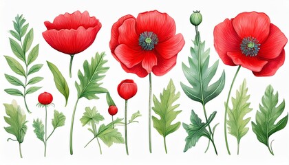 Fototapeta premium Set flowers red poppies, bud, leaf on white background, botanical hand painted watercolor c