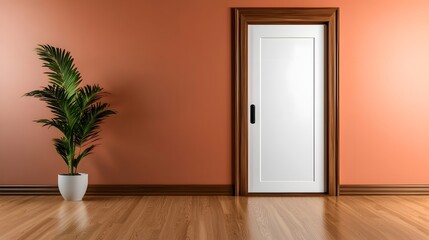 Interior Room Featuring a White Door Against a Warm Color Wall with Potted Plant in a Modern Style