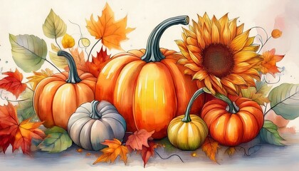 Autumn harmony pumpkins, leaves, sunflower flower, seasonal decor. Fall thanksgiving cozy p