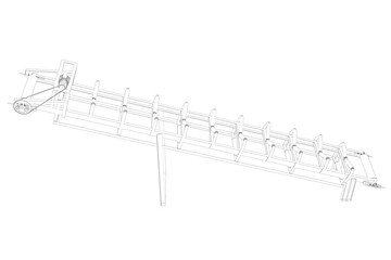 3D Transparent Line Art Technical Outline Drawing White Wireframe Illustration of an Inclined Industrial Belt Conveyor Structure