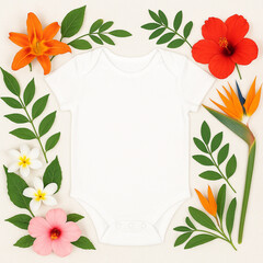 Baby Bodysuit Mockup with Summer Florals – White Short-Sleeved Onesie Flat Lay for Baby Clothing Designs