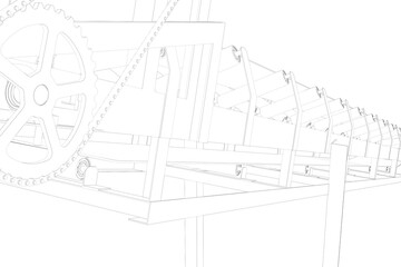 3D Transparent Line Art Technical Outline Drawing White Wireframe Illustration of an Inclined Industrial Belt Conveyor Structure