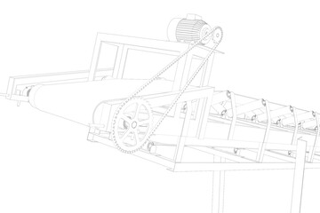 3D Transparent Line Art Technical Outline Drawing White Wireframe Illustration of an Inclined Industrial Belt Conveyor Structure