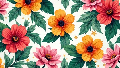 Bold vibrant floral pattern, ideal for summer promotions , orchid, poppy, illustration
