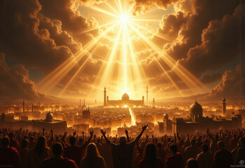 Golden light descends upon a city during a spiritual ascension ceremony with a joyful crowd