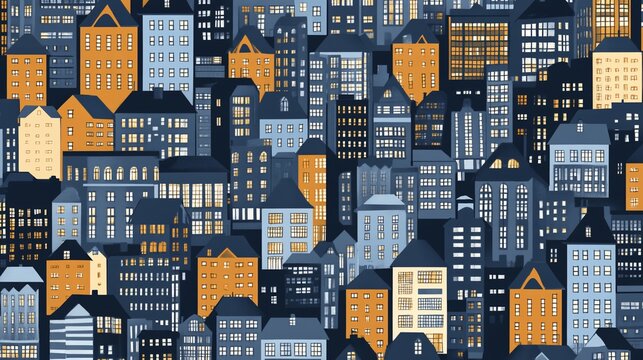 Urban Evening: Seamless Pattern of Illuminated Cityscape Buildings