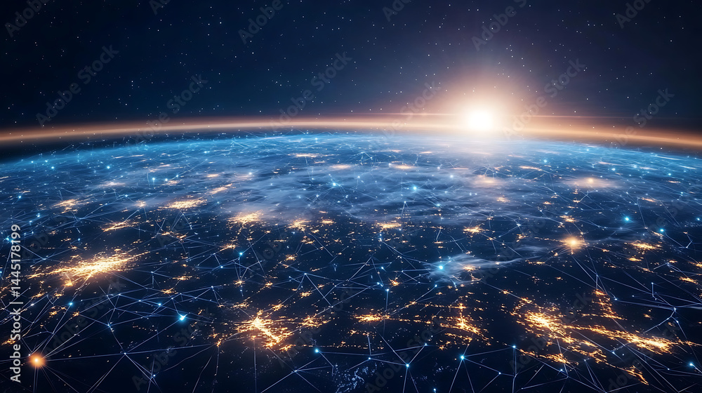 Poster planet earth in space , binary code technology , glowing sphere on black background