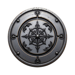 Naklejka premium A stylized soul awakening glyph engraved into a smooth metal plate isolated on white background using macro frontal lighting and side fill for precision product photography and e commerce presentation