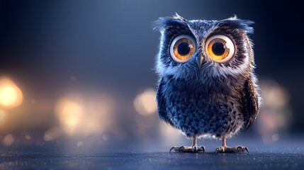 Close-Up Portrait of a Cute Owl with Bright Eyes and Soft Feathers Against a Blurry Background