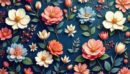 Fototapeta premium Intricate floral design with delicate leaves and blossoms, seamlessly repeating , delicate, summer