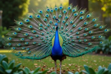 Obraz premium magnificent peacock displaying its vibrant tail feathers in a lush garden, rich jewel tones, intricate patterns