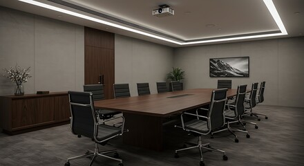 A modern, empty conference room with a large wooden table, perfect for meetings and presentations.