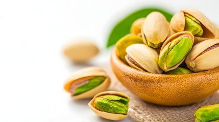 Closeup of Shelled Pistachio Nuts in a Wooden Bowl on a Light Background