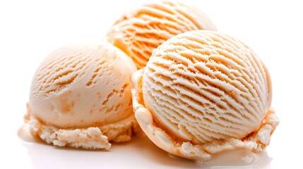 Three Scoops of Creamy Vanilla Ice Cream on a White Background with Delicious Texture Details