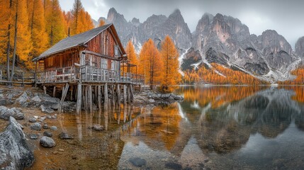 Fototapeta premium Rustic cabin on a serene alpine lake, autumnal colors