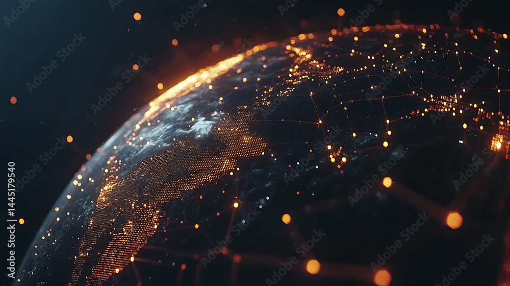 Poster planet earth in space , binary code technology , glowing sphere on black background