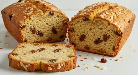 Two raisin bread loaves are shown with a single slice cut, garnished with almonds flakes.