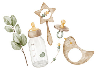 Watercolor Baby set with a wooden rattle, pacifier, infant bottle, and teether. illustration of wooden eco elements for baby shower invitations or newborn greeting cards. Drawing for nursery design.