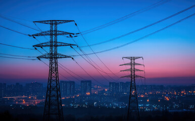 Electric power lines at dusk over a city skyline with vibrant colors