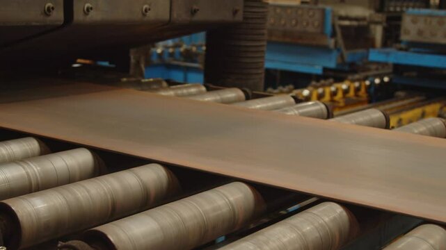 Close up of long steel plates rolling over an automated roller bench in a steel factory