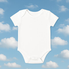 White Baby Bodysuit Mockup – Short-Sleeved Onesie on Cloudy Sky Background, High-Resolution Infant Apparel Template