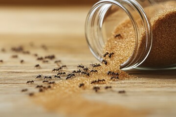 Ants swarm around spilled sugar on a wooden surface in a kitchen setting during the afternoon