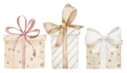 Watercolor Gift box set with ribbons in pastel beige colors. Illustration of Presents for Birthday greeting cards or celebration invitations. Drawing for Baby shower or childish party designs.