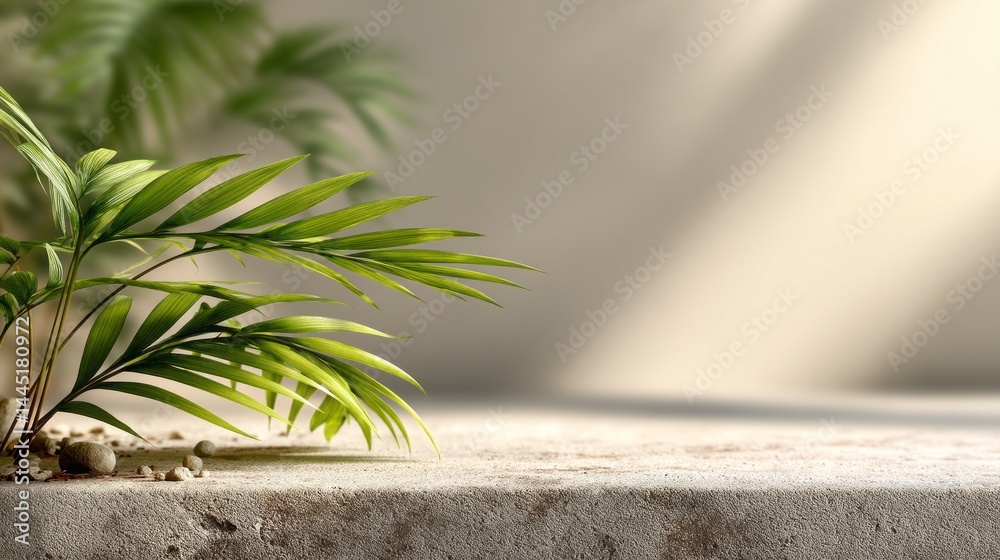 Poster lush green foliage casts delicate shadows on a textured surface, creating a tranquil atmosphere. sun