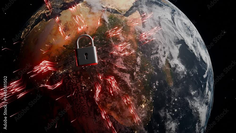 Wall mural africa view from space with cyber lock and red digital connections. cybersecurity and data protectio