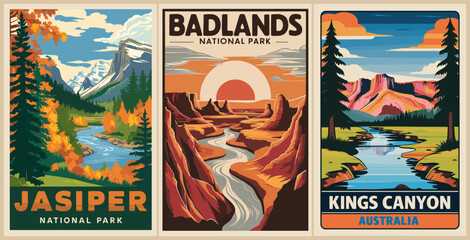 Set of National parks travel posters in retro style. Badlands, Jasiper, Kings Canyon landscape colorful vector art illustrations