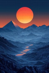 Minimalist vector illustration of a pyramid at sunset in blue scenery