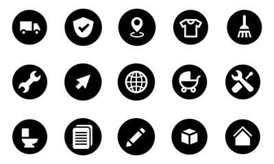 Essential Service and Utility Icon Set &ndash; Solid Black Circular Symbols