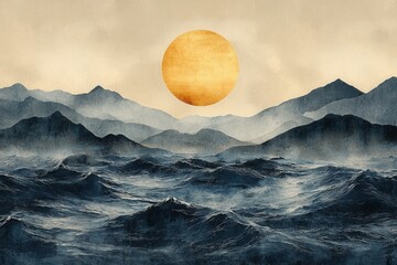 Artistic depiction of ocean waves beneath a vivid sun with gradient sky