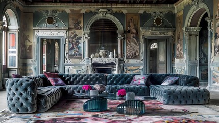 Luxurious living room with a large modular sofa and ornate classical walls