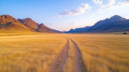 Golden desert landscape, pathway to mountains.  Vast, golden savanna stretching towards distant peaks under a serene sky