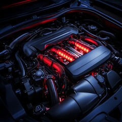Powerful Car Engine Red Illumination Detailed Closeup Shot Auto Glow Dark Heat Speed Motor Sport    