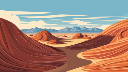 Naklejka premium A desert landscape with mountains in the background. The mountains are in the distance and the desert is full of hills