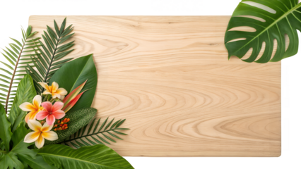 Tropical Leaf and Flower Arrangement on Wooden Board:  A vibrant collection of tropical leaves and delicate flowers, showcasing a mix of textures and colors.
