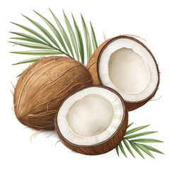 Realistic coconuts with creamy white interiors and fresh coconut water pouring out, perfect for tropical drink ads, organic product labels, summer-themed food branding, and wellness graphics