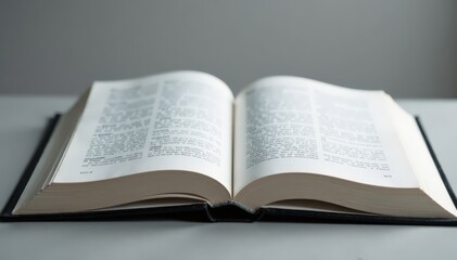 Obraz premium Close-up of a single open book page on a grey table top , surface, grey, interior